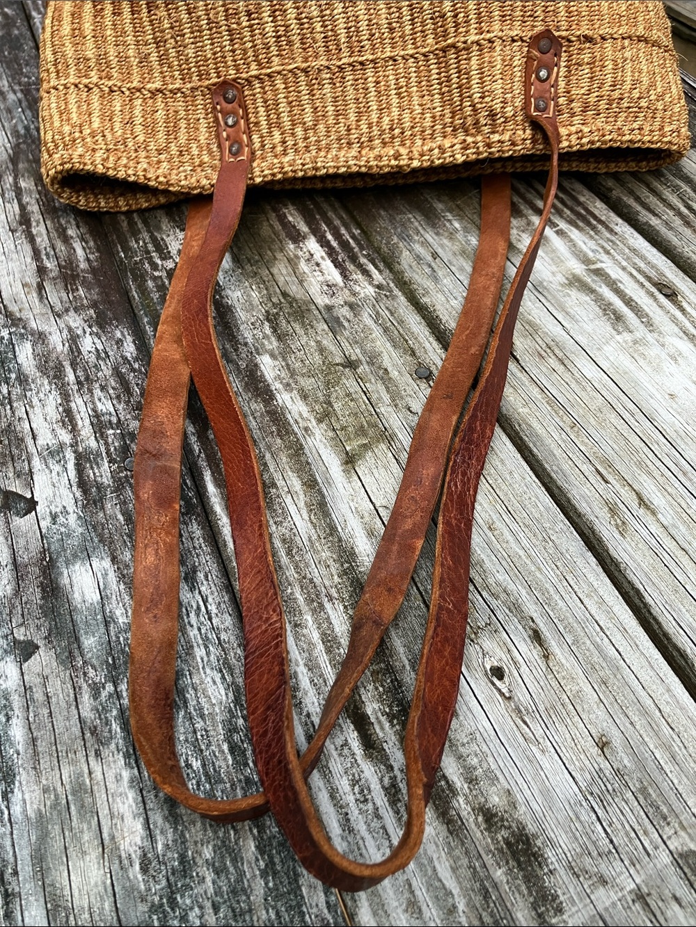 Vintage French Market Bag Sisal Straw Tote Leather Straps - Picture 10 of 13
